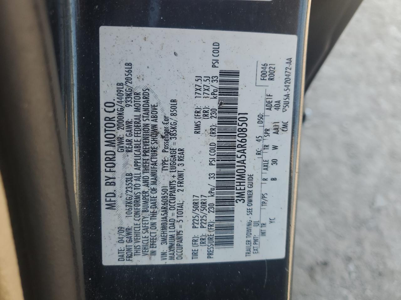 2010 Mercury Milan Premier VIN: 3MEHM0JA5AR608501 Lot: 81465975