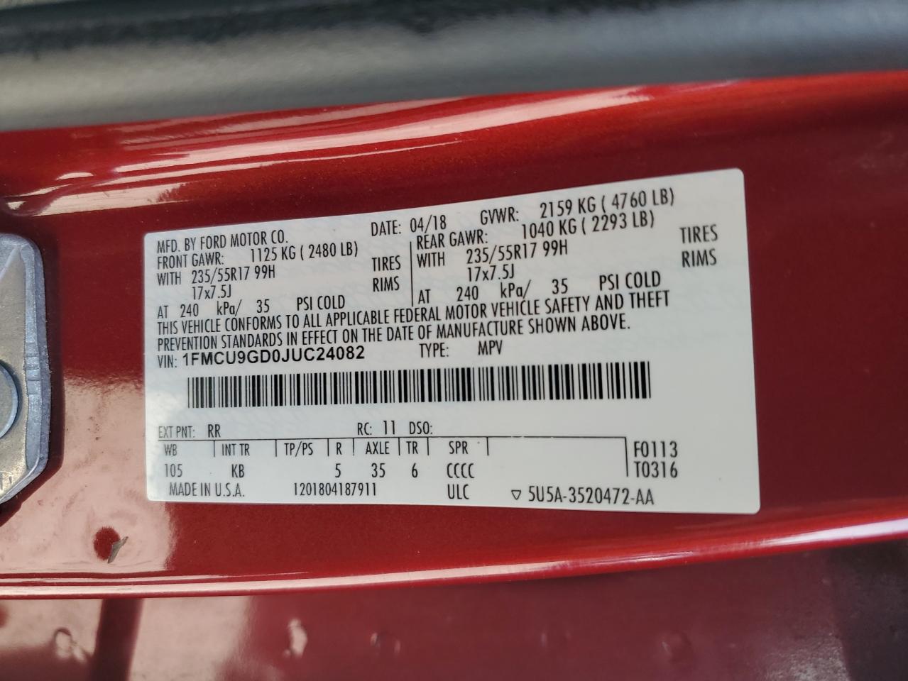 2018 Ford Escape Se VIN: 1FMCU9GD0JUC24082 Lot: 82053905