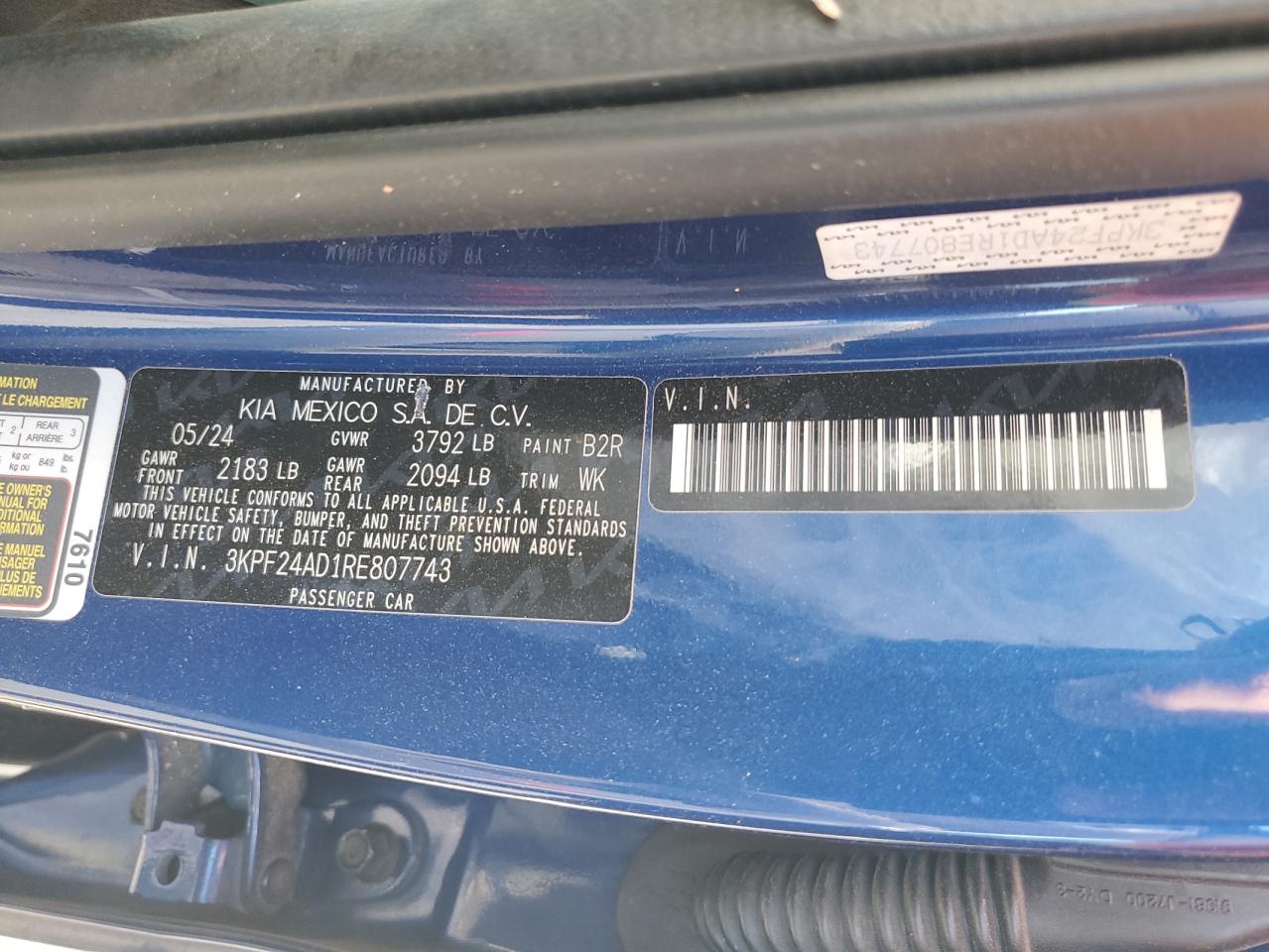 2024 Kia Forte Lx VIN: 3KPF24AD1RE807743 Lot: 72019615