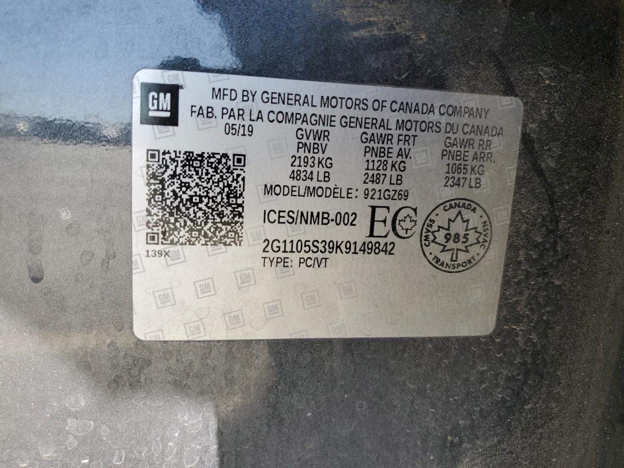 2019 Chevrolet Impala Premier VIN: 2G1105S39K9149842 Lot: 80728285