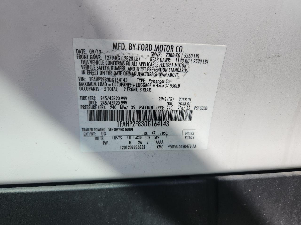 2013 Ford Taurus Limited VIN: 1FAHP2F83DG164143 Lot: 80728075