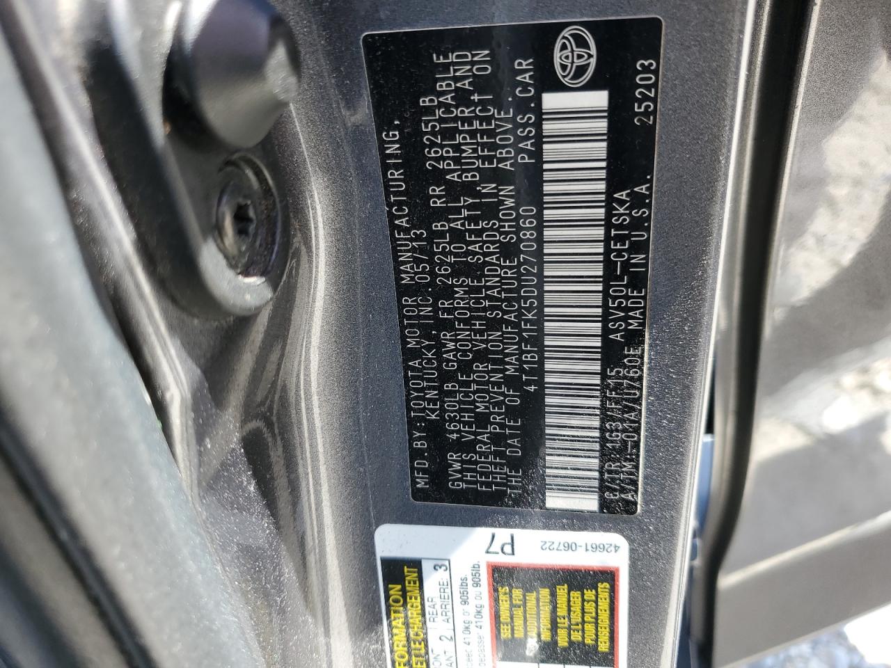 2013 Toyota Camry L VIN: 4T1BF1FK5DU270860 Lot: 84597865