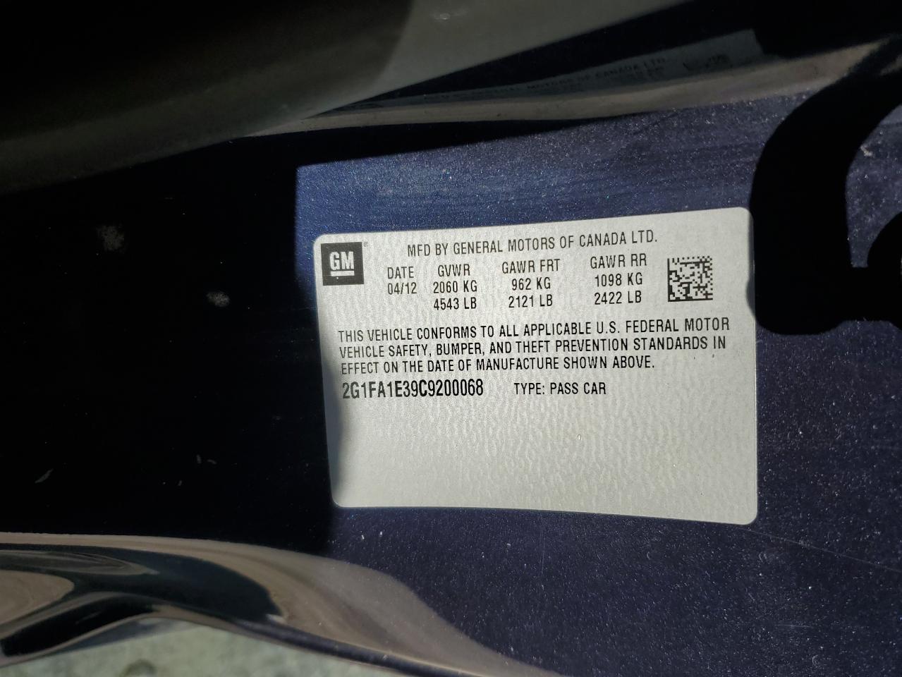 2012 Chevrolet Camaro Ls VIN: 2G1FA1E39C9200068 Lot: 70958685