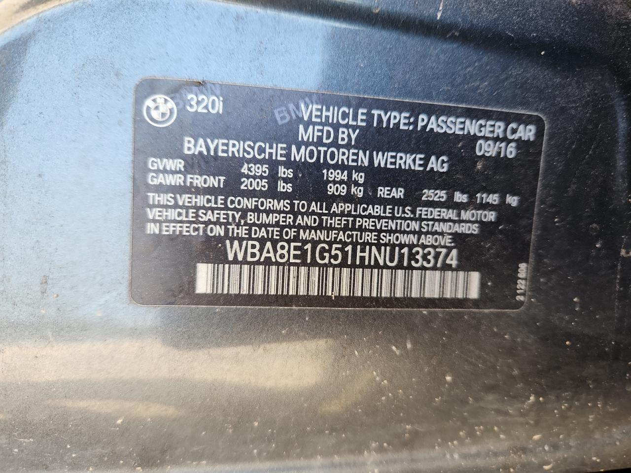 2017 BMW 320 I VIN: WBA8E1G51HNU13374 Lot: 71788725