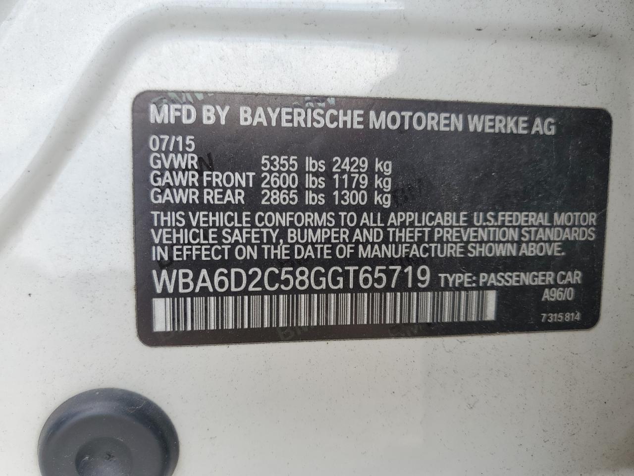 2016 BMW 640 Xi Gran Coupe VIN: WBA6D2C58GGT65719 Lot: 71674555