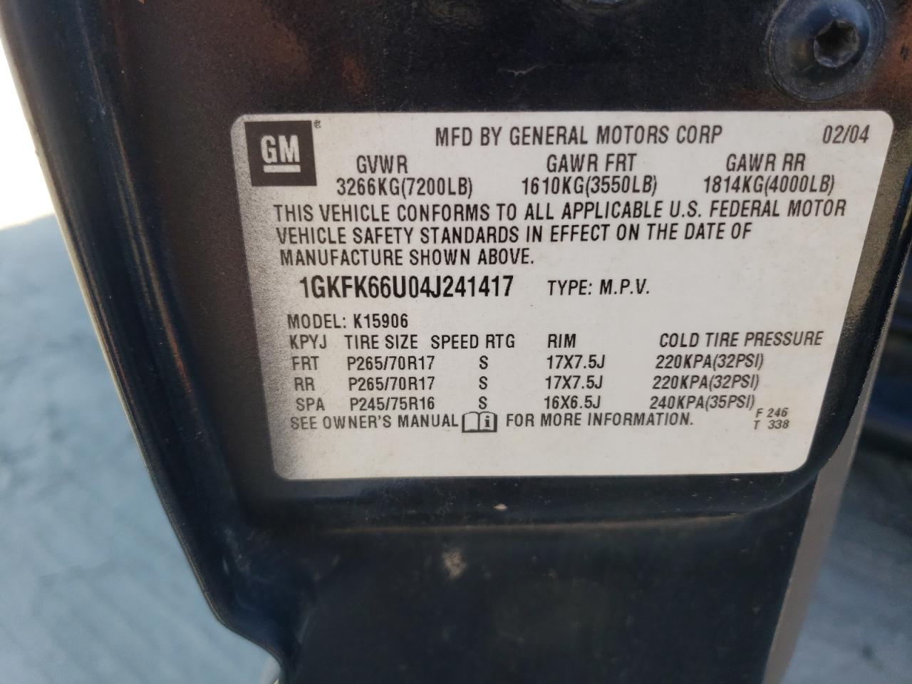 2004 GMC Yukon Xl Denali VIN: 1GKFK66U04J241417 Lot: 82048975