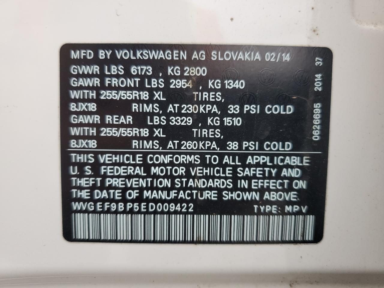 2014 Volkswagen Touareg V6 VIN: WVGEF9BP5ED009422 Lot: 82062755