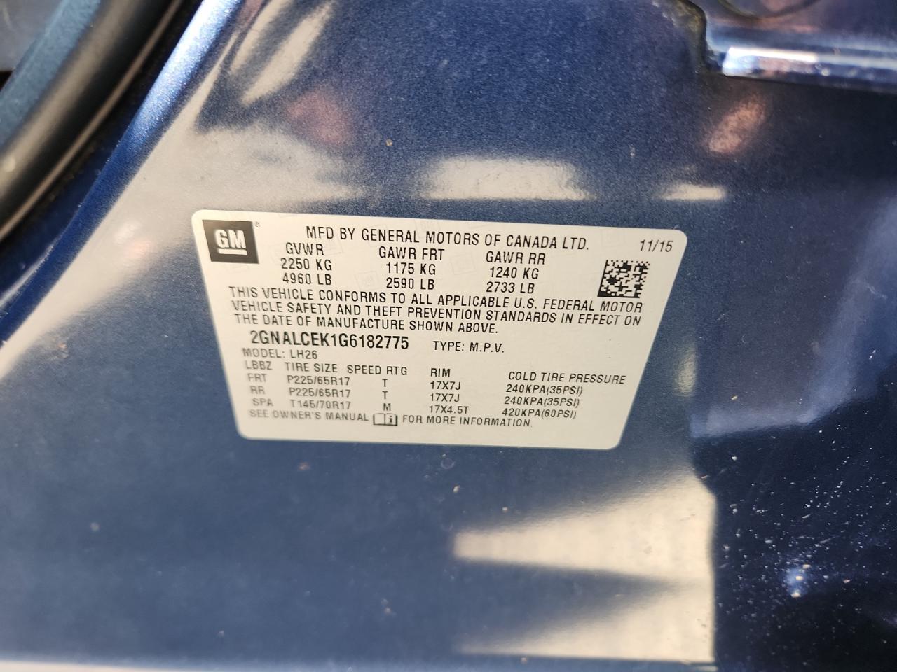 2016 Chevrolet Equinox Lt VIN: 2GNALCEK1G6182775 Lot: 80268705