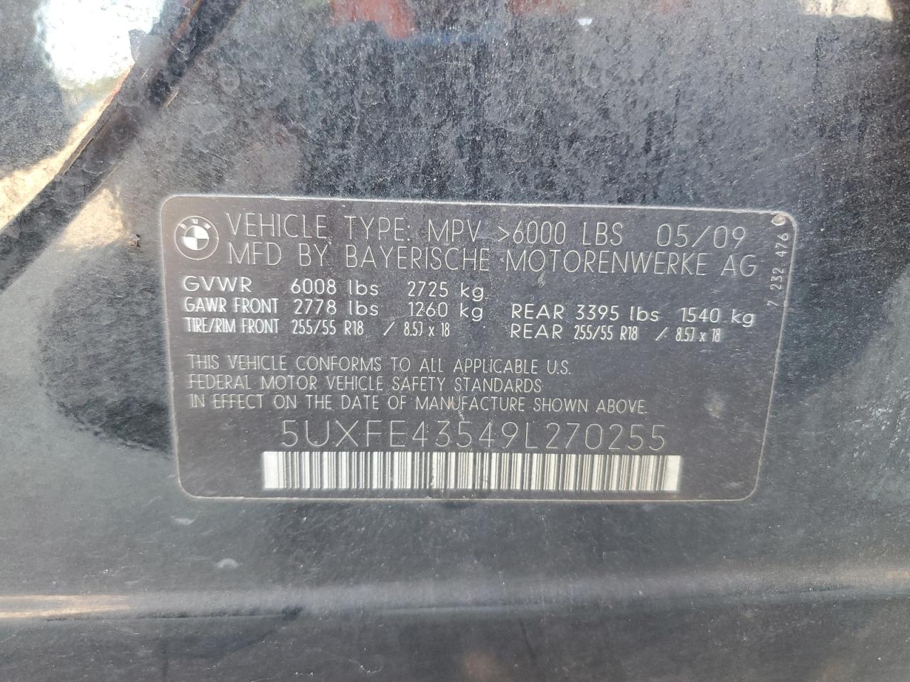 2009 BMW X5 xDrive30I VIN: 5UXFE43549L270255 Lot: 71211795