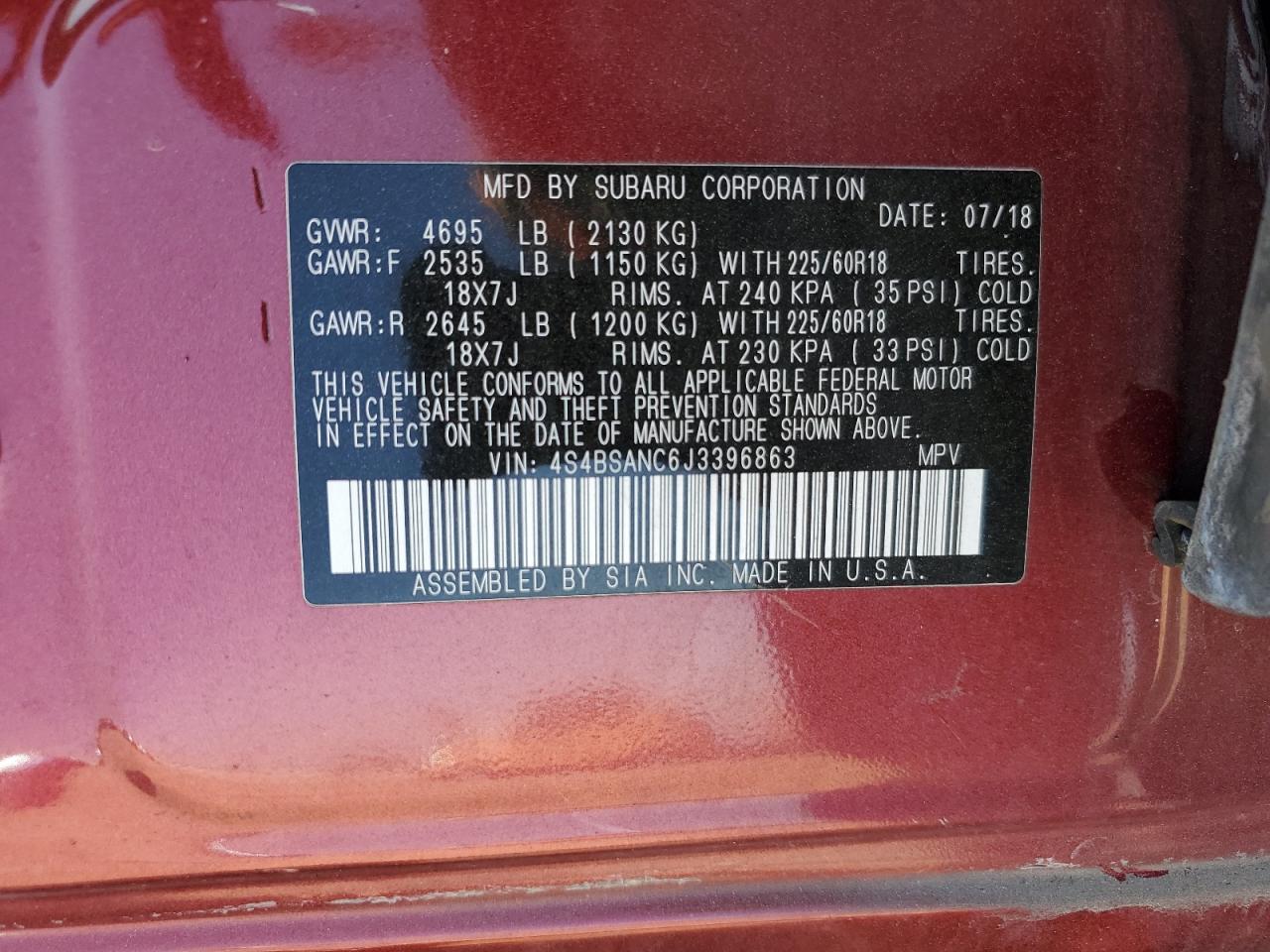 2018 Subaru Outback 2.5I Limited VIN: 4S4BSANC6J3396863 Lot: 80534505