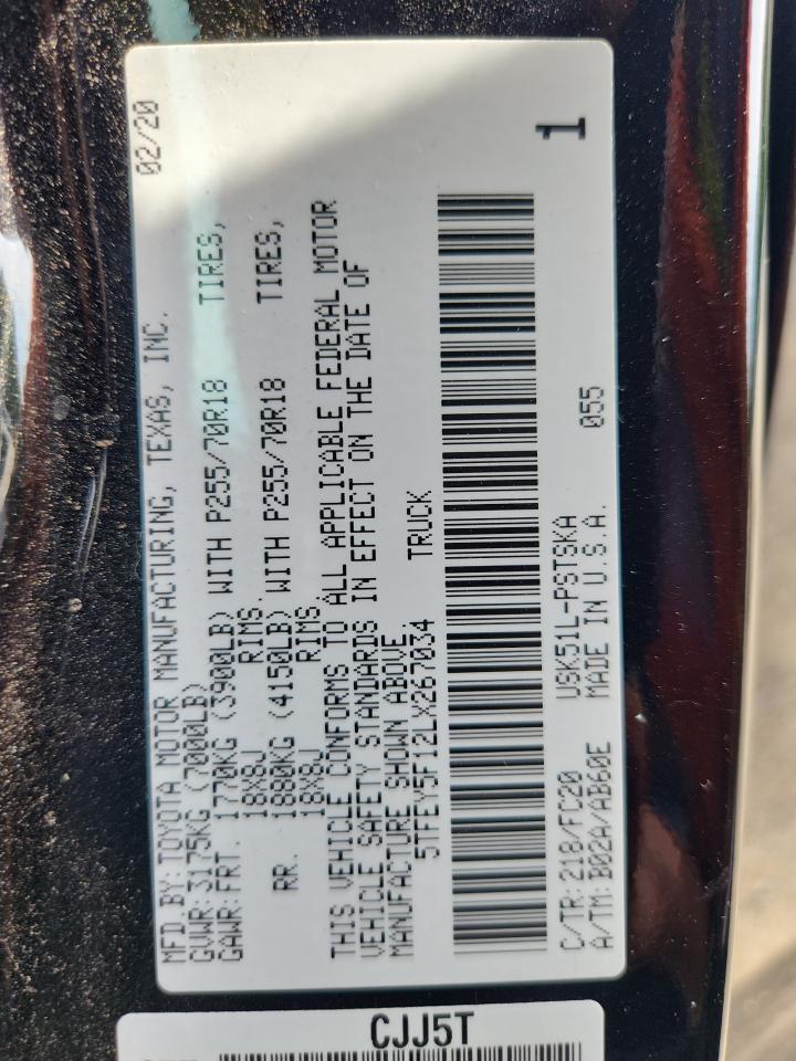 2020 Toyota Tundra Crewmax Sr5 VIN: 5TFEY5F12LX267034 Lot: 84702905