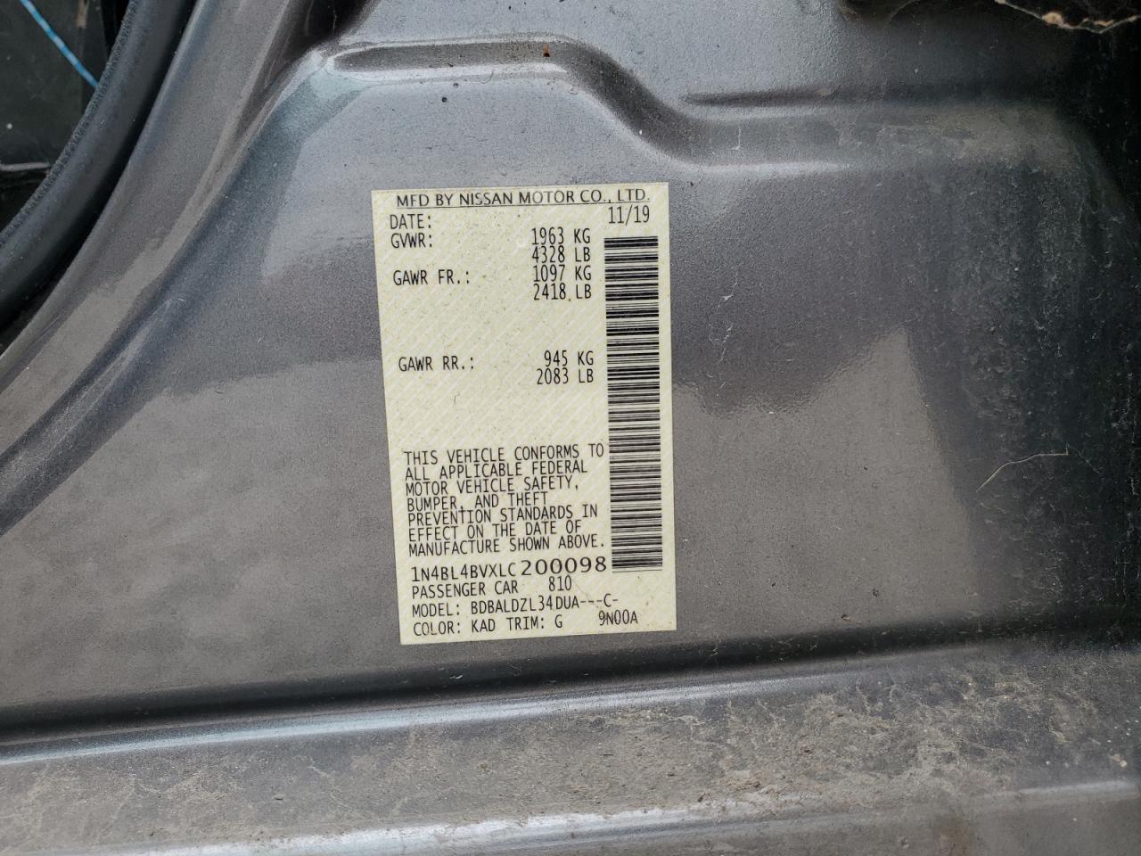 2020 Nissan Altima S VIN: 1N4BL4BVXLC200098 Lot: 80217155