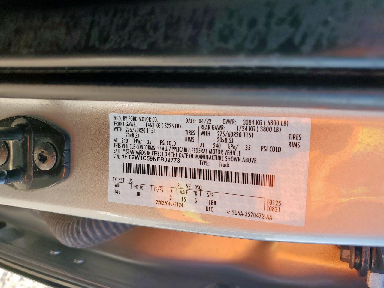 2022 Ford F150 Supercrew VIN: 1FTEW1C59NFB09773 Lot: 71709205