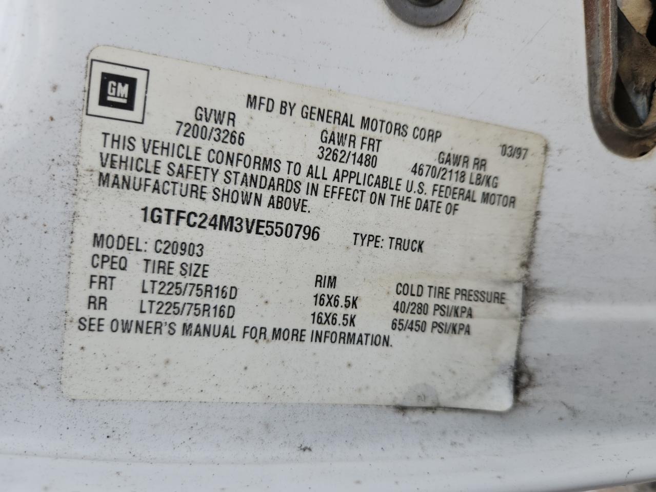 1997 GMC Sierra C2500 VIN: 1GTFC24M3VE550796 Lot: 70916785