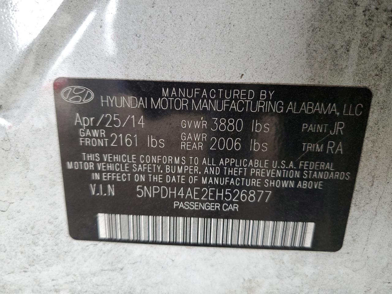 2014 Hyundai Elantra Se VIN: 5NPDH4AE2EH526877 Lot: 72070295