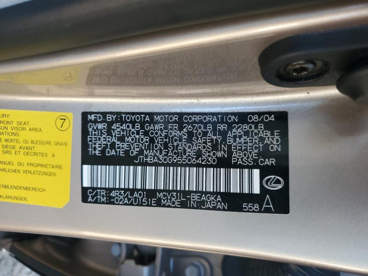 2005 Lexus Es 330 VIN: JTHBA30G955064230 Lot: 71107365