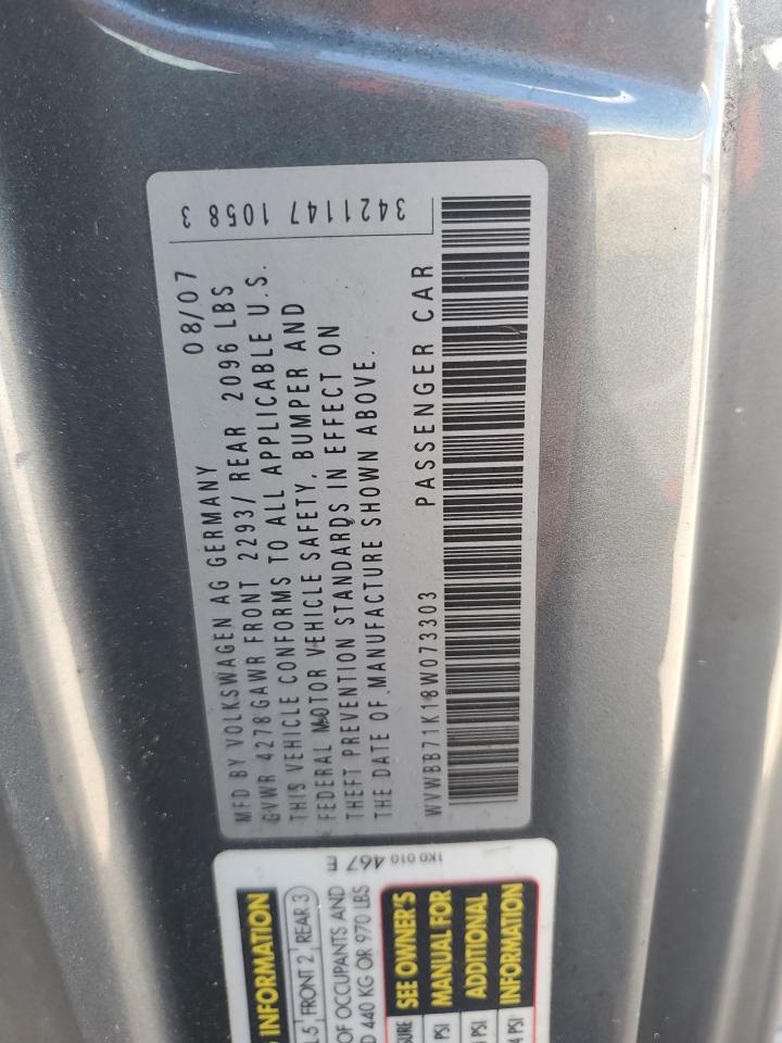 2008 Volkswagen Rabbit VIN: WVWBB71K18W073303 Lot: 83761915