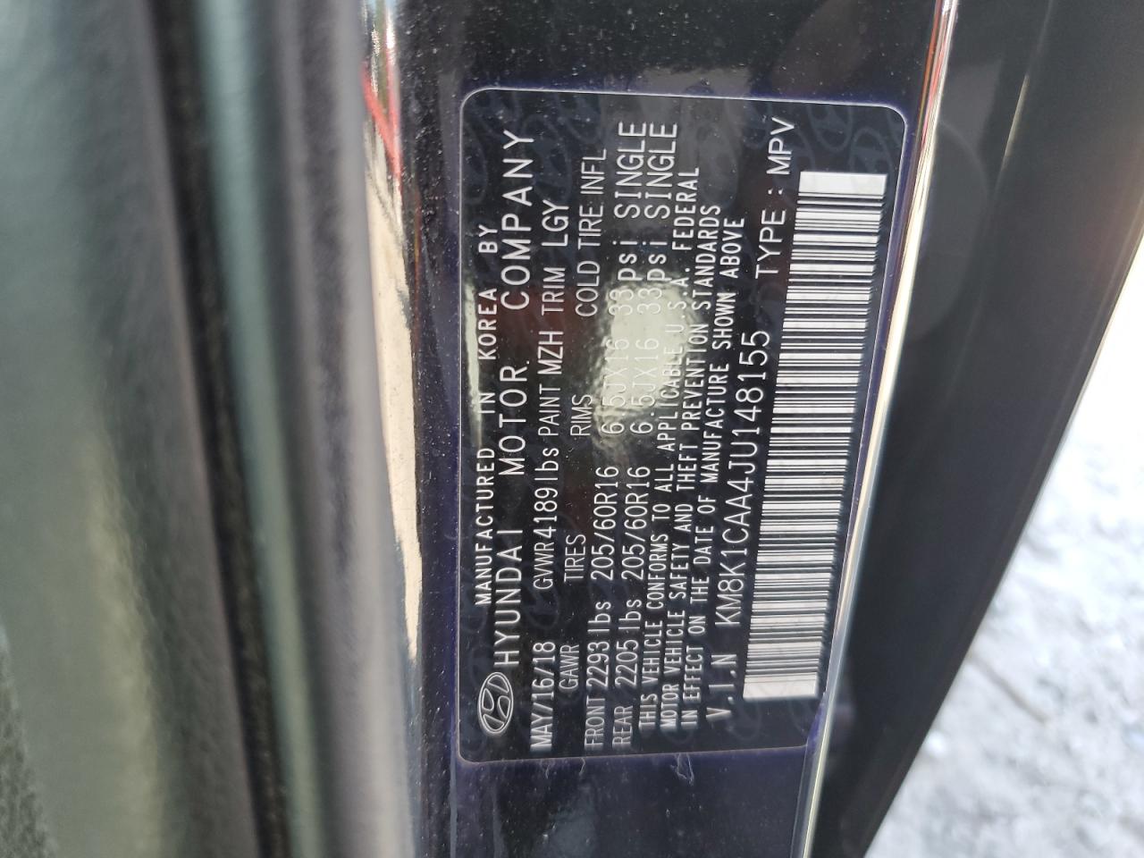 2018 Hyundai Kona Se VIN: KM8K1CAA4JU148155 Lot: 81116935