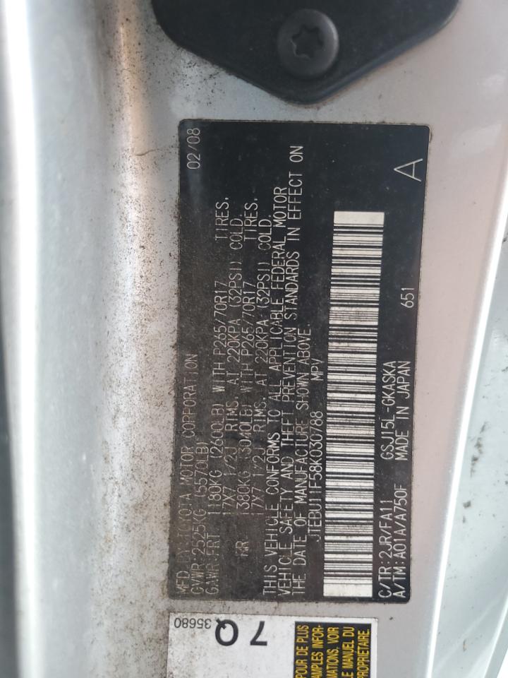 2008 Toyota Fj Cruiser VIN: JTEBU11F58K030788 Lot: 69542605