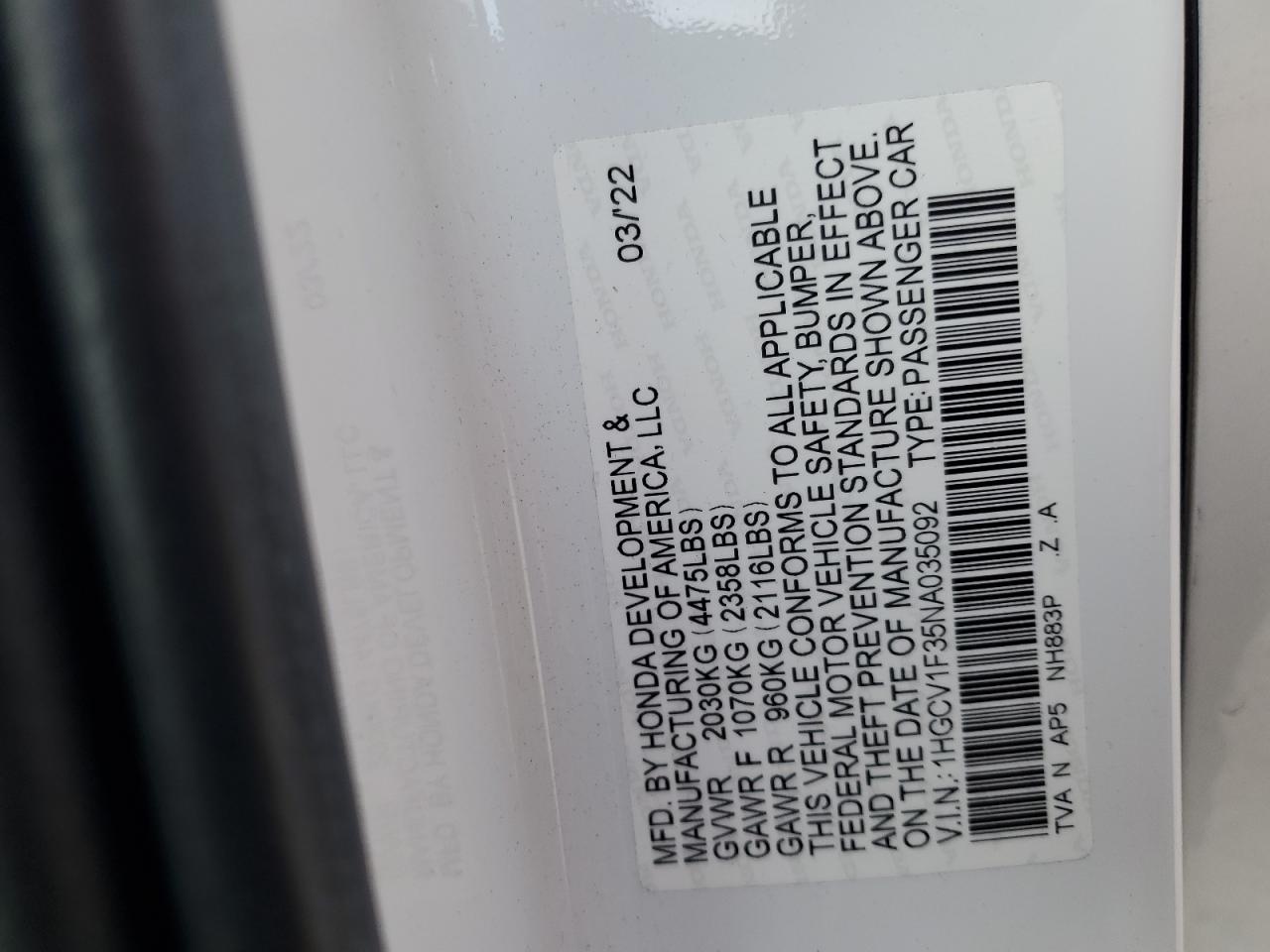 2022 Honda Accord Sport VIN: 1HGCV1F35NA035092 Lot: 81741645