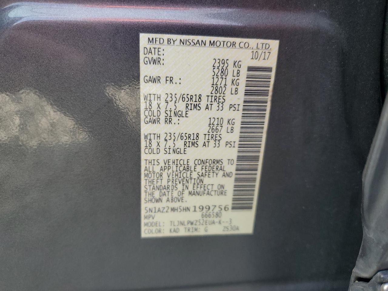 2017 Nissan Murano S VIN: 5N1AZ2MH5HN199756 Lot: 83804485
