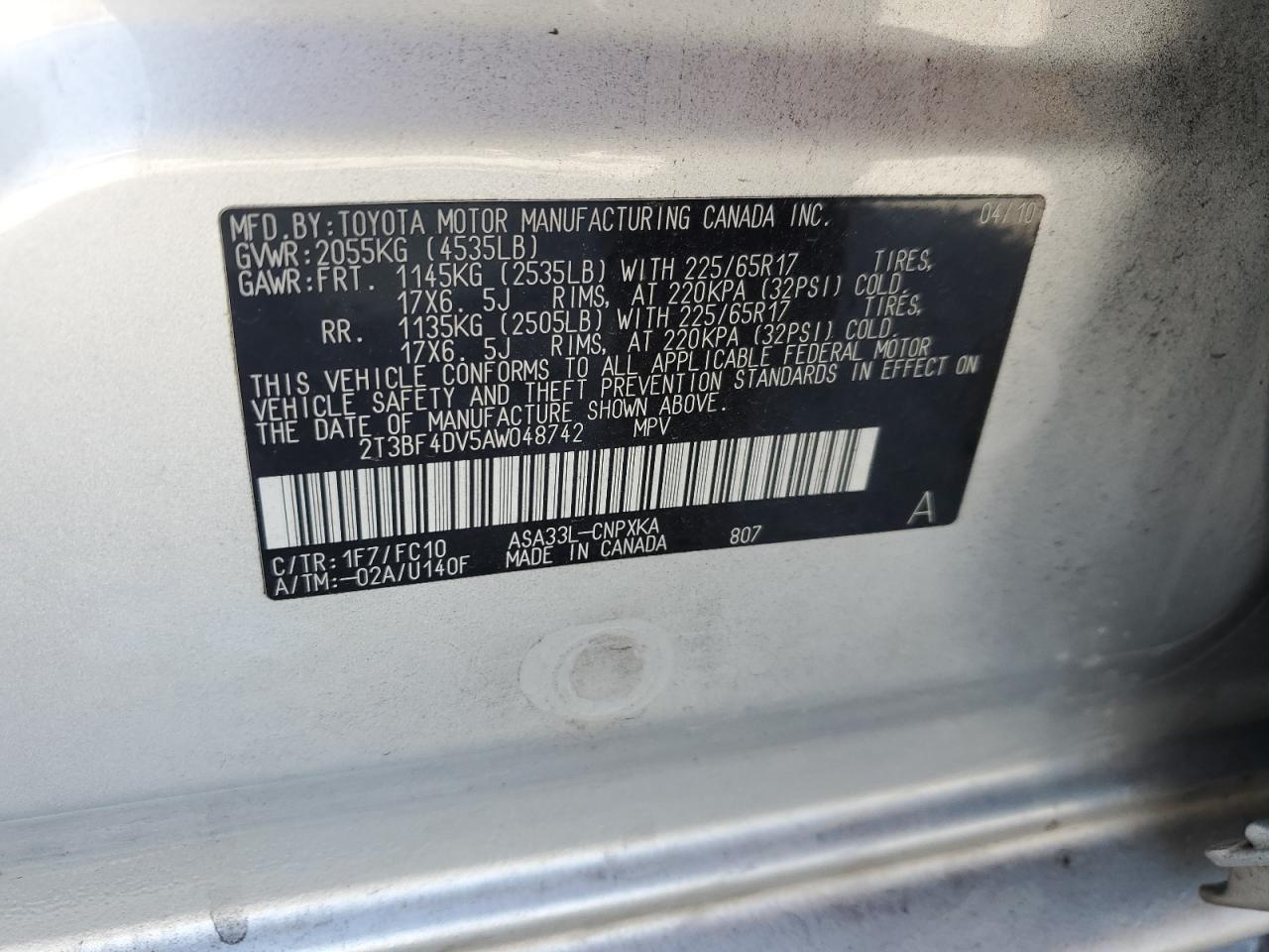 2010 Toyota Rav4 VIN: 2T3BF4DV5AW048742 Lot: 72074065