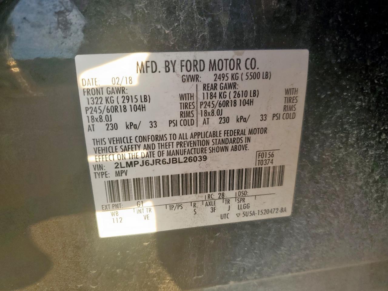 2018 Lincoln Mkx Premiere VIN: 2LMPJ6JR6JBL26039 Lot: 84416875