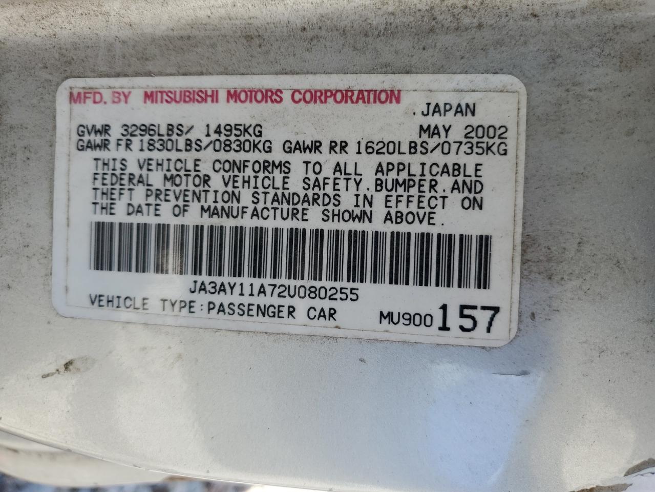 2002 Mitsubishi Mirage De VIN: JA3AY11A72U080255 Lot: 83863495