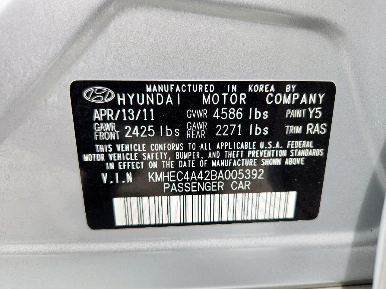 2011 Hyundai Sonata Hybrid VIN: KMHEC4A42BA005392 Lot: 81327675