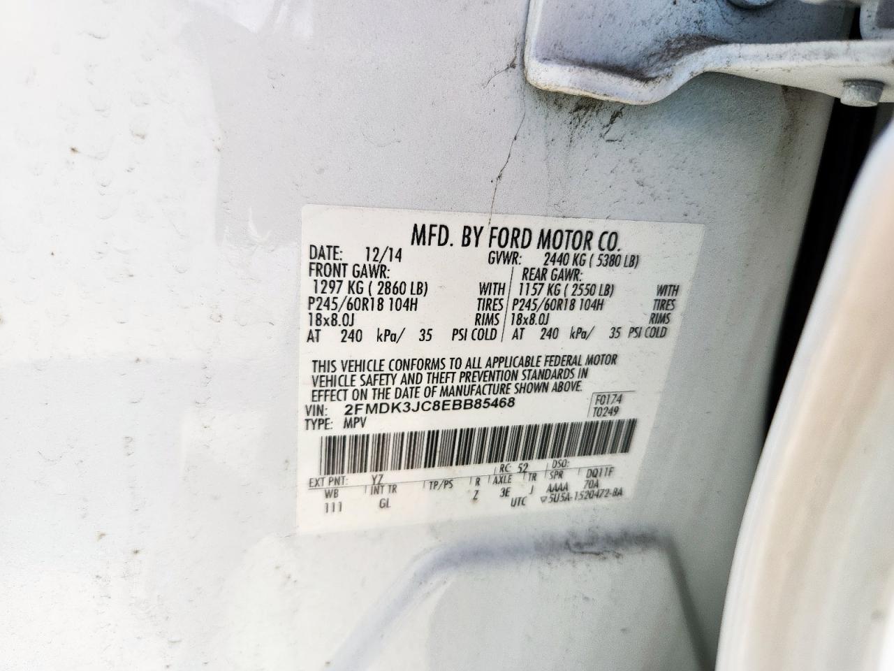 2014 Ford Edge Sel VIN: 2FMDK3JC8EBB85468 Lot: 80737345