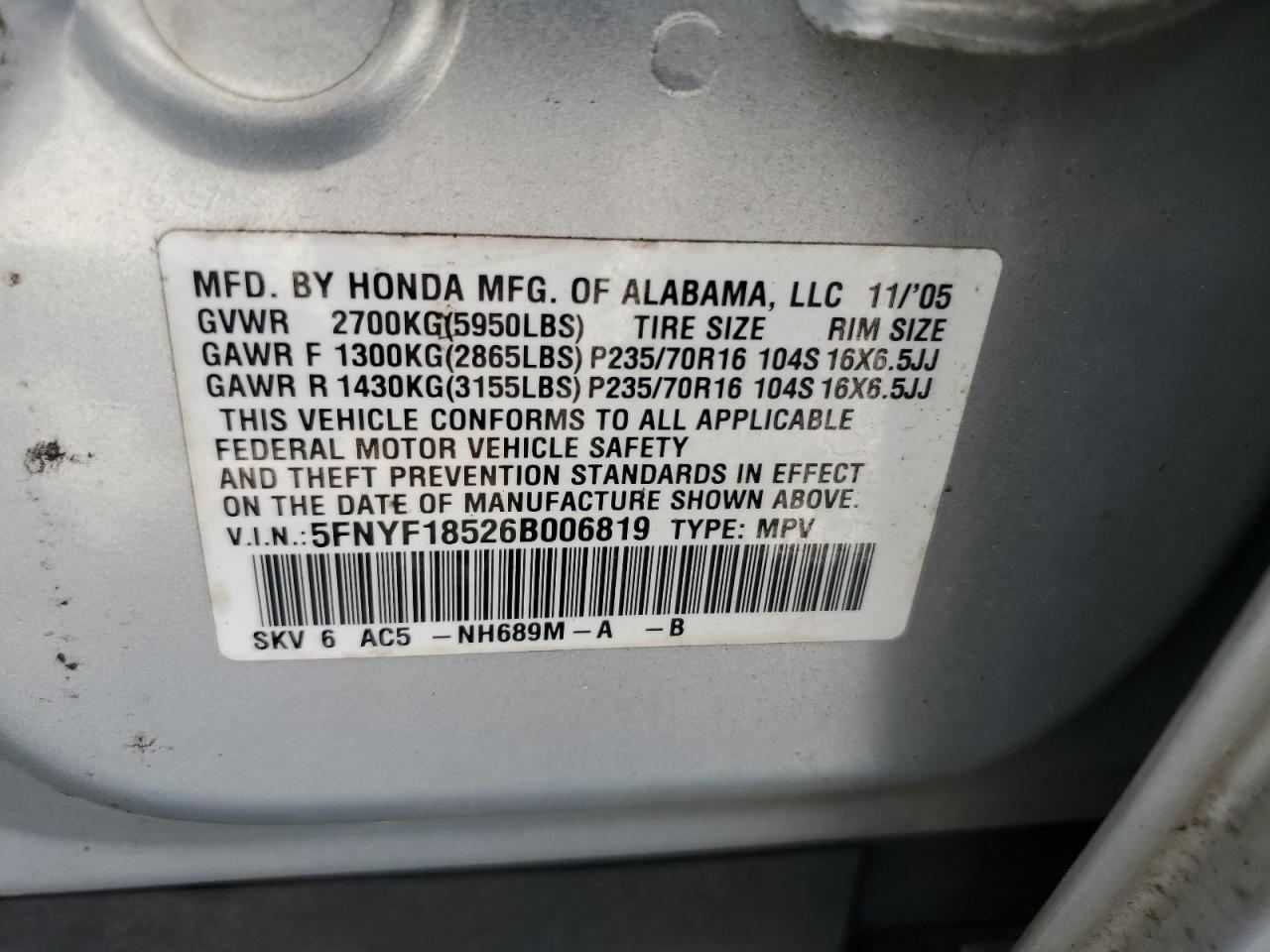 2006 Honda Pilot Ex VIN: 5FNYF18526B006819 Lot: 72066055