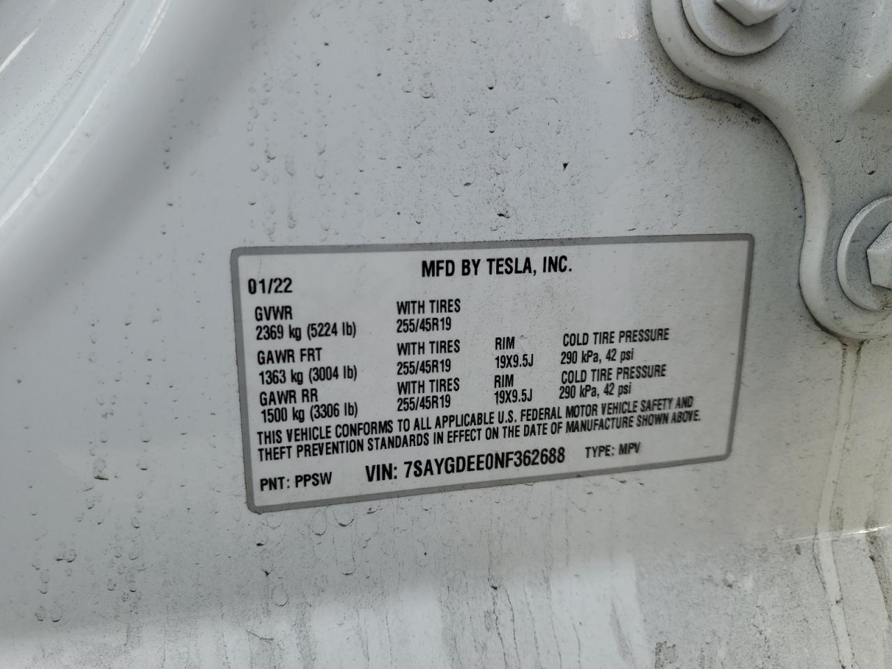2022 Tesla Model Y VIN: 7SAYGDEE0NF362688 Lot: 82109765