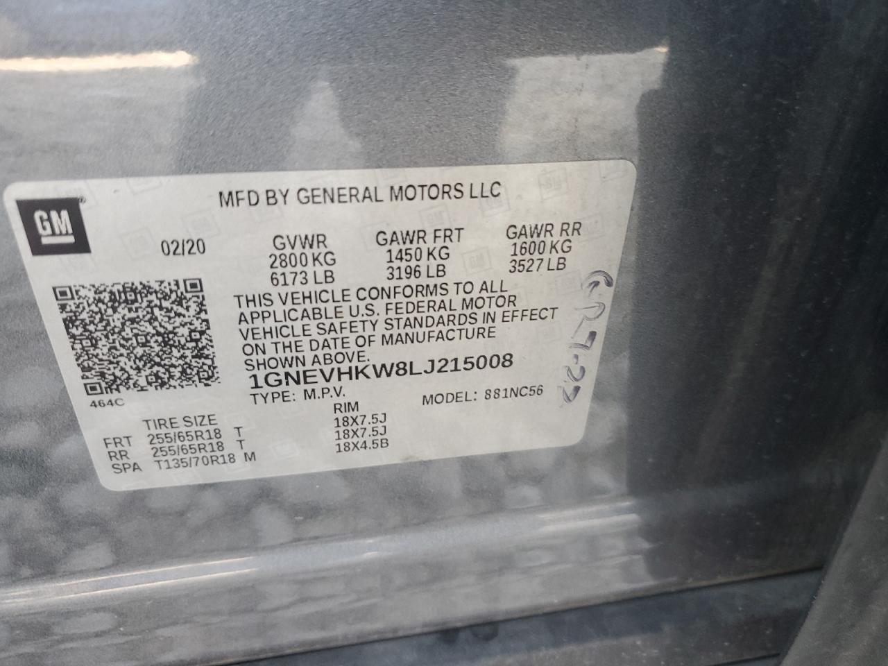 2020 Chevrolet Traverse Lt VIN: 1GNEVHKW8LJ215008 Lot: 80913805