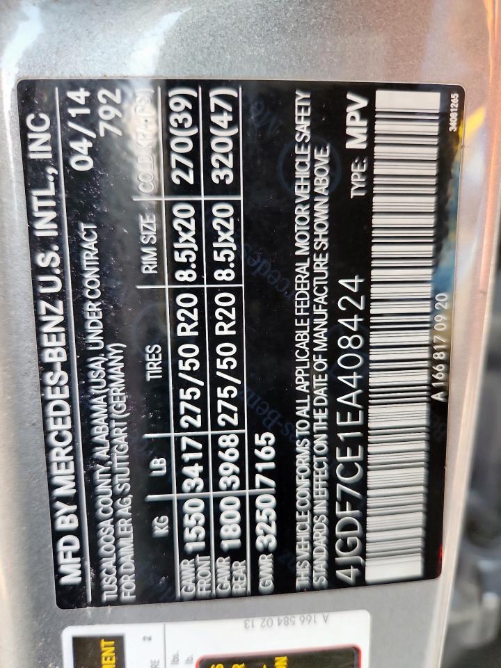 2014 Mercedes-Benz Gl 450 4Matic VIN: 4JGDF7CE1EA408424 Lot: 81505925