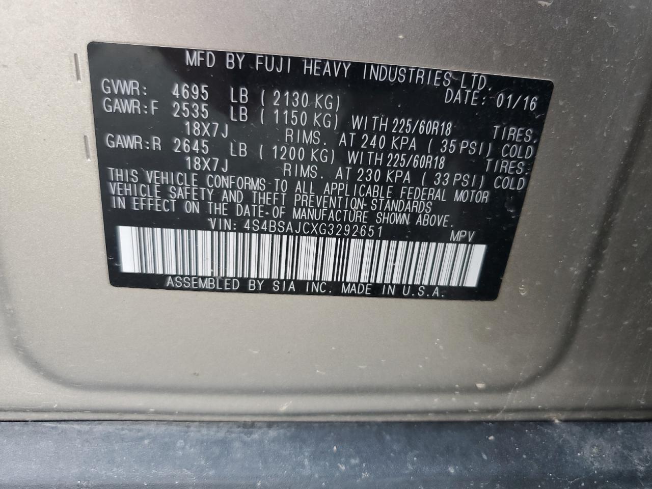 2016 Subaru Outback 2.5I Limited VIN: 4S4BSAJCXG3292651 Lot: 70736435