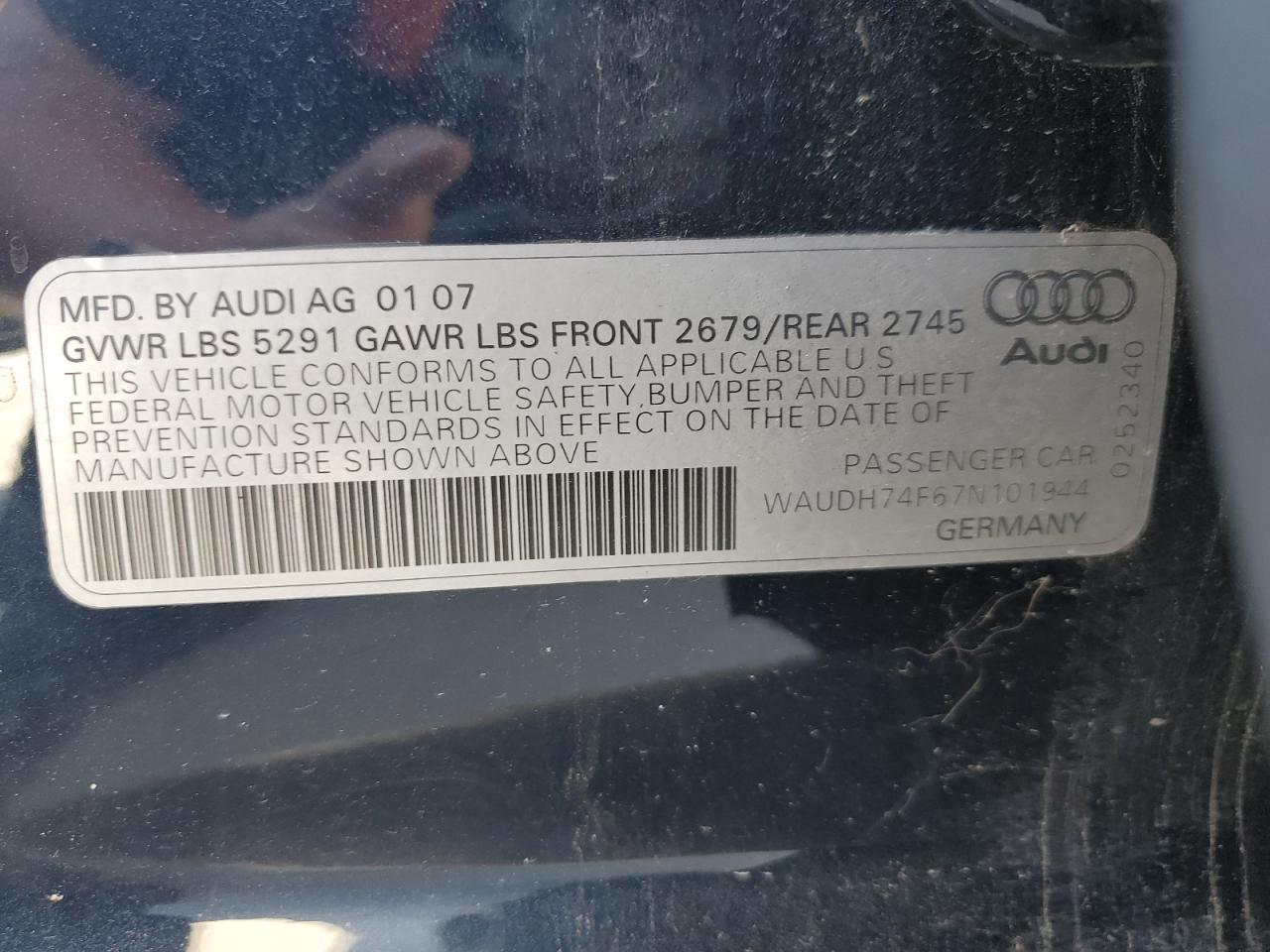 2007 Audi A6 3.2 Quattro VIN: WAUDH74F67N101944 Lot: 70942405