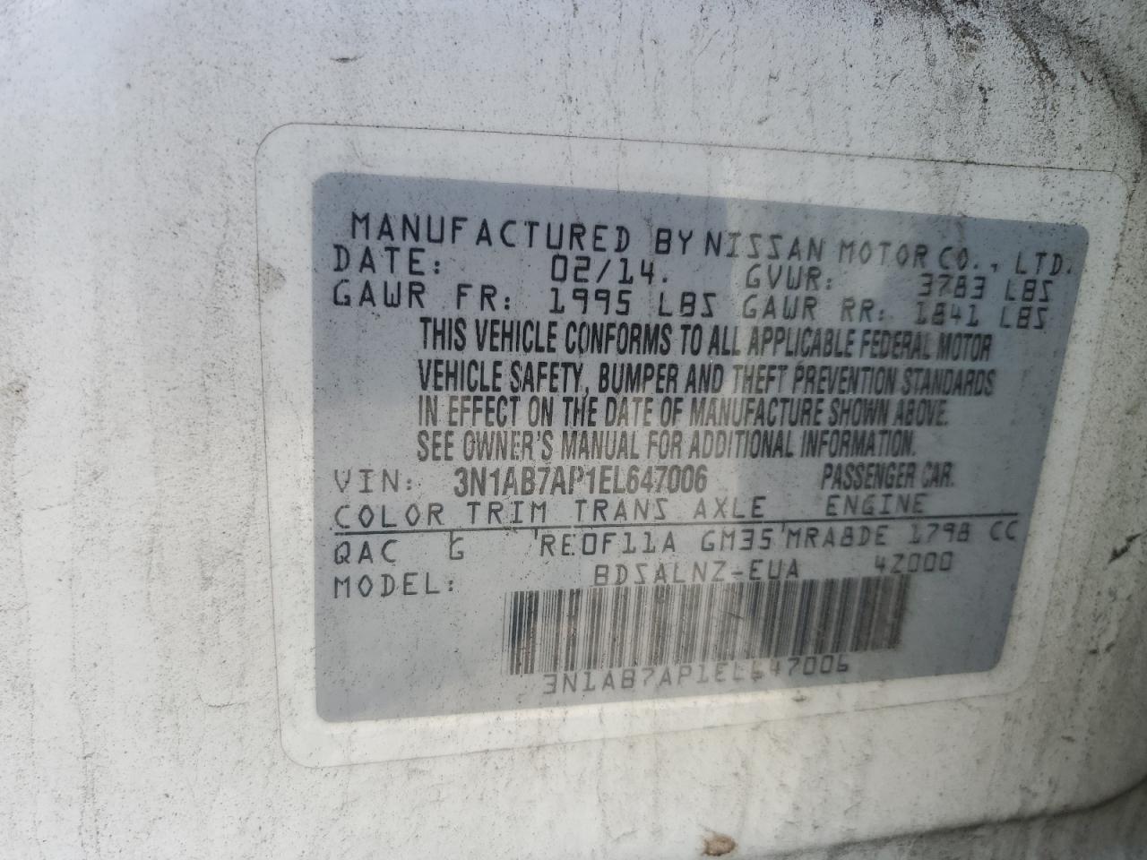 2014 Nissan Sentra S VIN: 3N1AB7AP1EL647006 Lot: 80255035