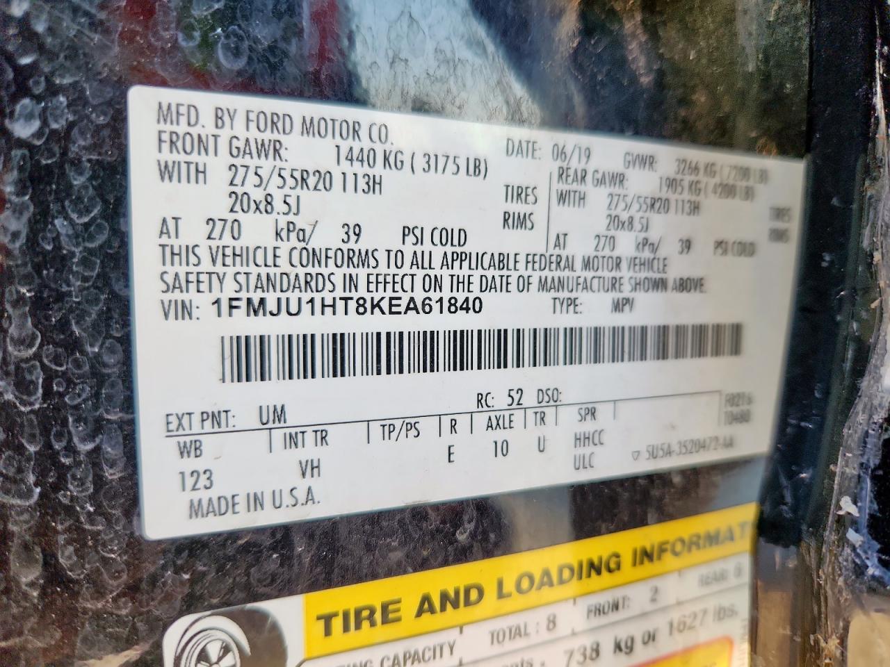 2019 Ford Expedition Xlt VIN: 1FMJU1HT8KEA61840 Lot: 81410815