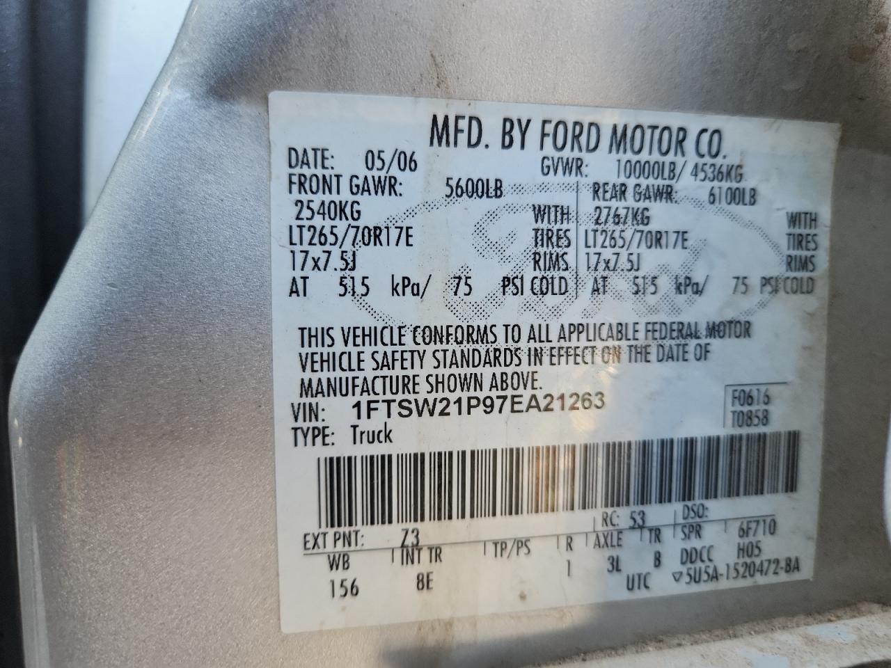 2007 Ford F250 Super Duty VIN: 1FTSW21P97EA21263 Lot: 69977495