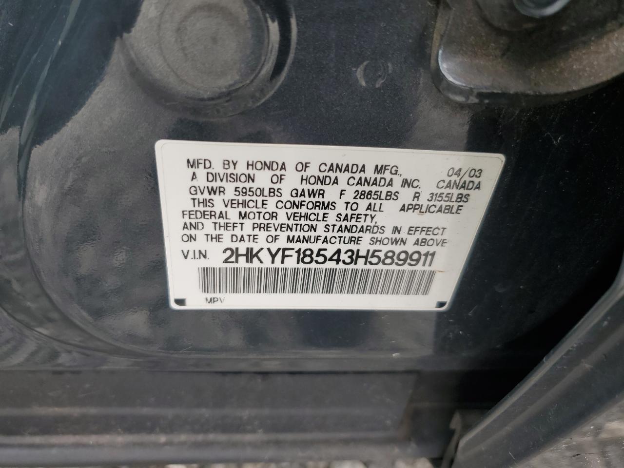 2003 Honda Pilot Exl VIN: 2HKYF18543H589911 Lot: 82096285