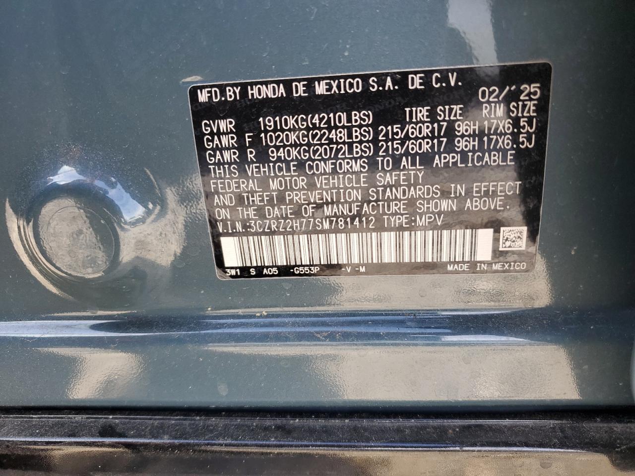 2025 Honda Hr-V Exl VIN: 3CZRZ2H77SM781412 Lot: 84564185