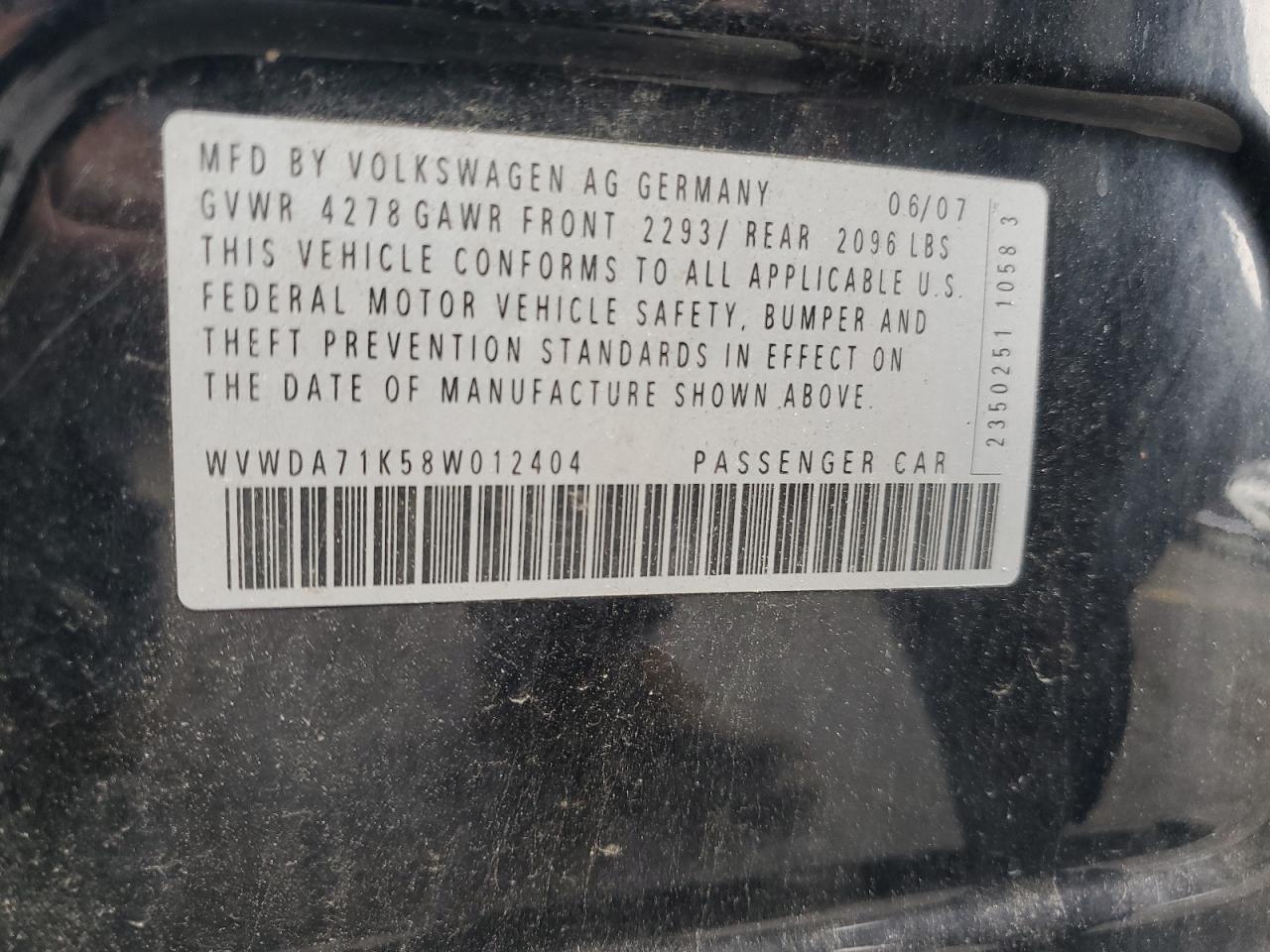 2008 Volkswagen Rabbit VIN: WVWDA71K58W012404 Lot: 71992835