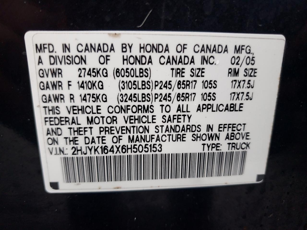 2006 Honda Ridgeline Rts VIN: 2HJYK164X6H505153 Lot: 81321795