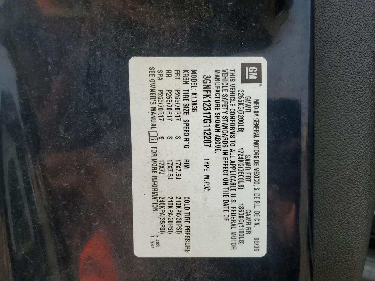 2007 Chevrolet Avalanche K1500 VIN: 3GNFK12317G112207 Lot: 72042615