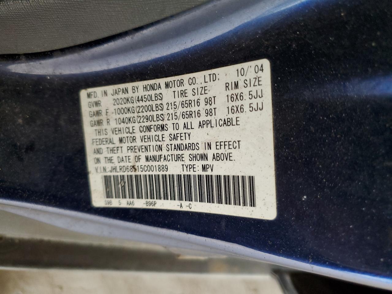 2005 Honda Cr-V Lx VIN: JHLRD68515C001889 Lot: 81699085