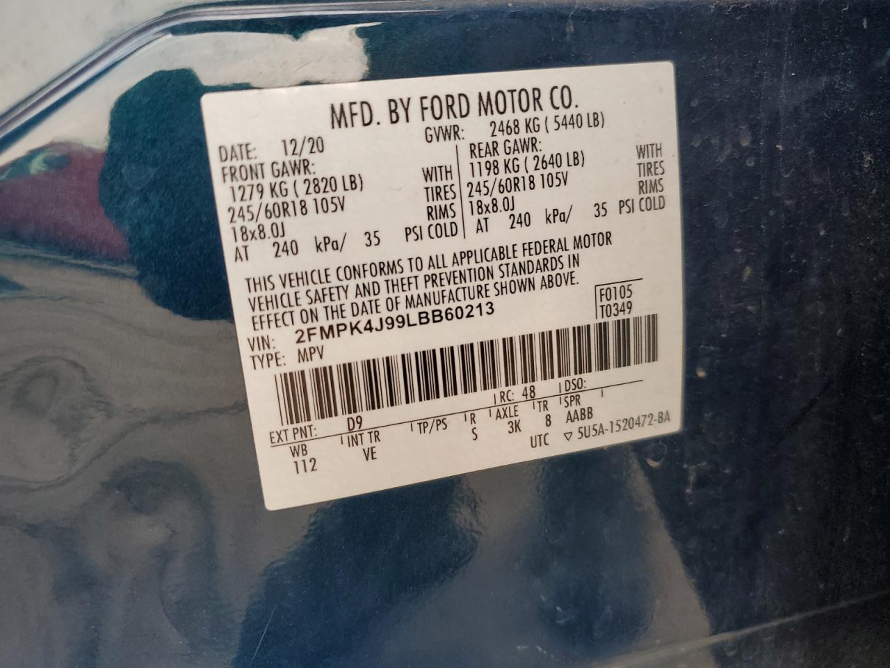 2020 Ford Edge Sel VIN: 2FMPK4J99LBB60213 Lot: 71398675