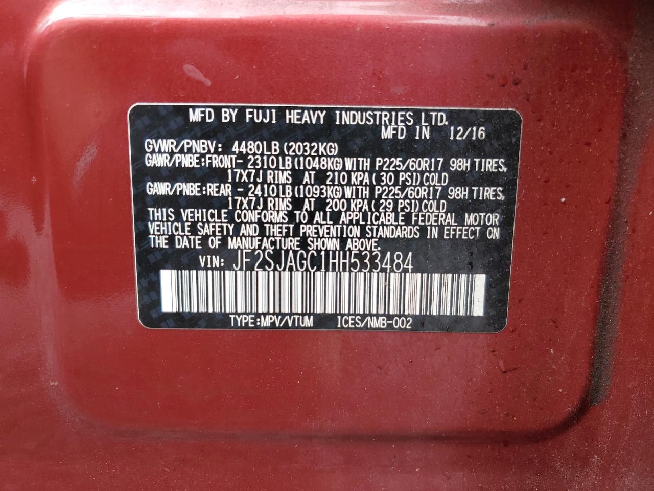 2017 Subaru Forester 2.5I Premium VIN: JF2SJAGC1HH533484 Lot: 81749605