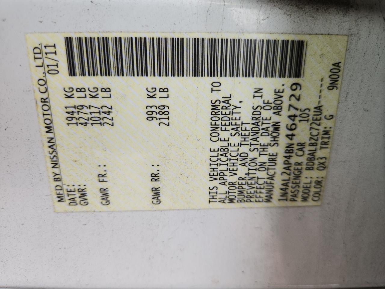 2011 Nissan Altima Base VIN: 1N4AL2AP4BN464729 Lot: 81550895