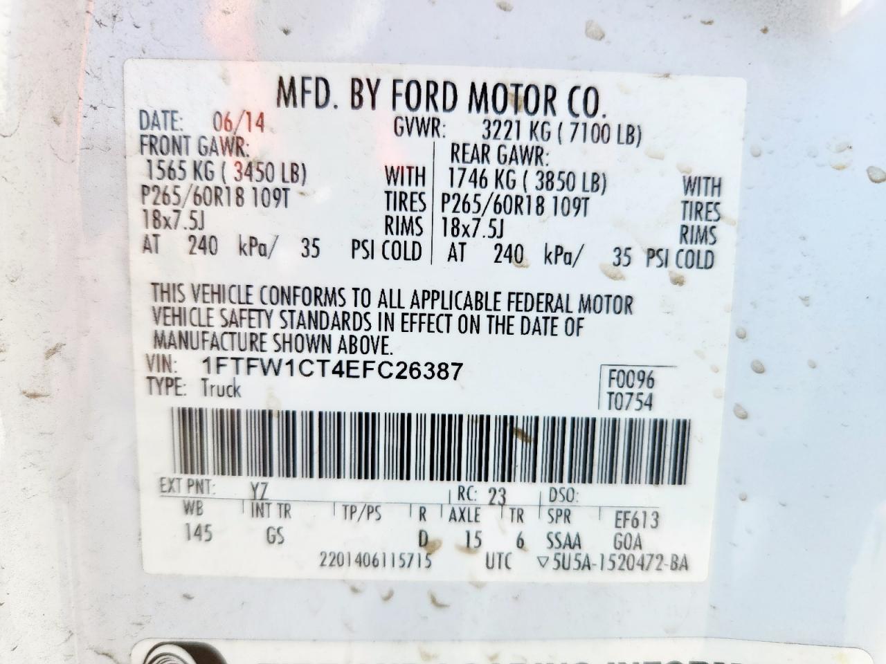 2014 Ford F150 Supercrew VIN: 1FTFW1CT4EFC26387 Lot: 83866365