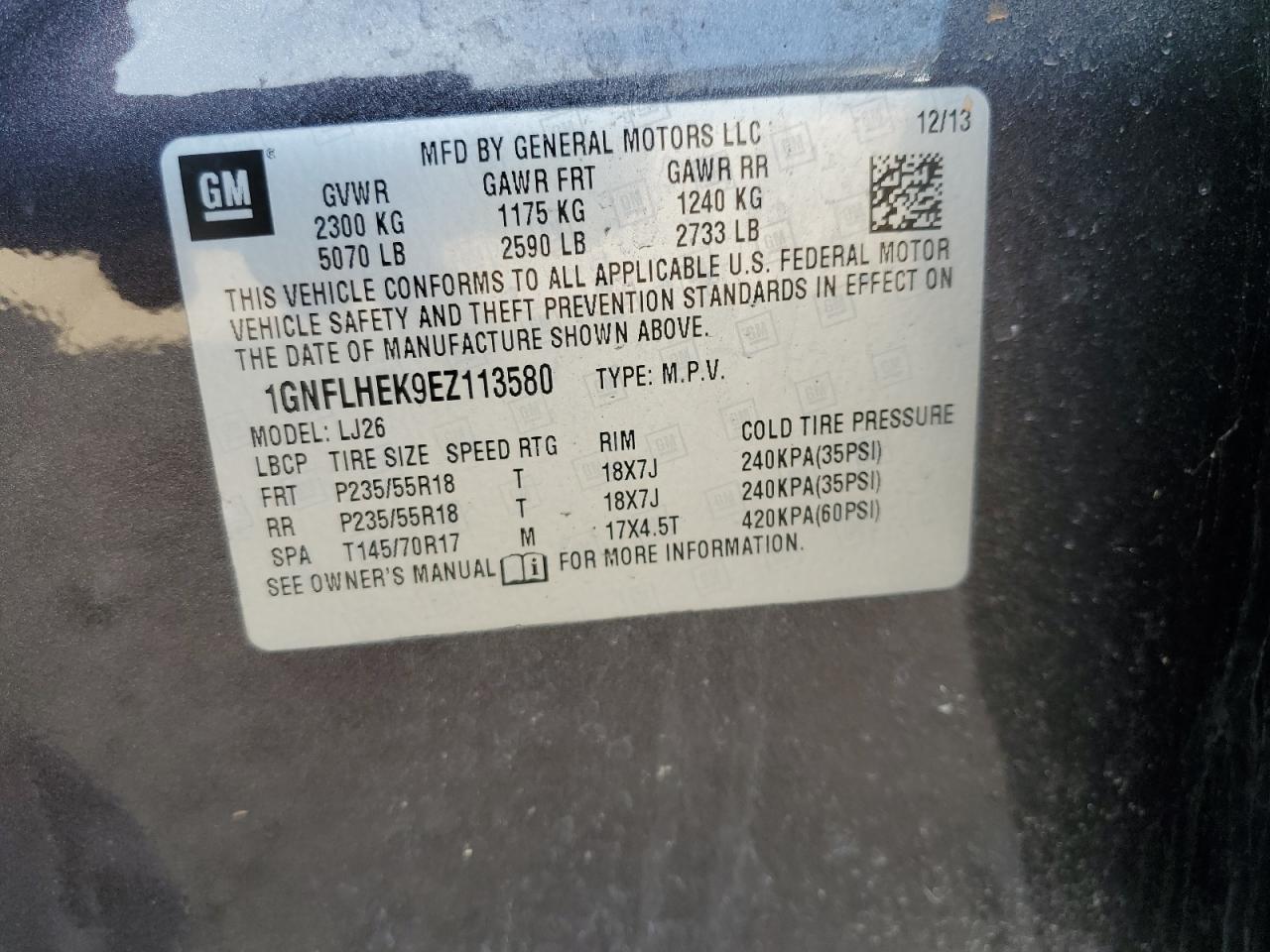 2014 Chevrolet Equinox Ltz VIN: 1GNFLHEK9EZ113580 Lot: 71978005